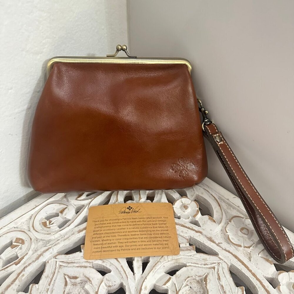 Patricia Nash Clutch Savena Leather Kiss Lock Wristlet Brown